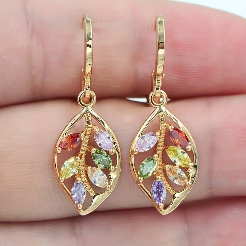 Colorful Zirconia Golden Leaf Earrings