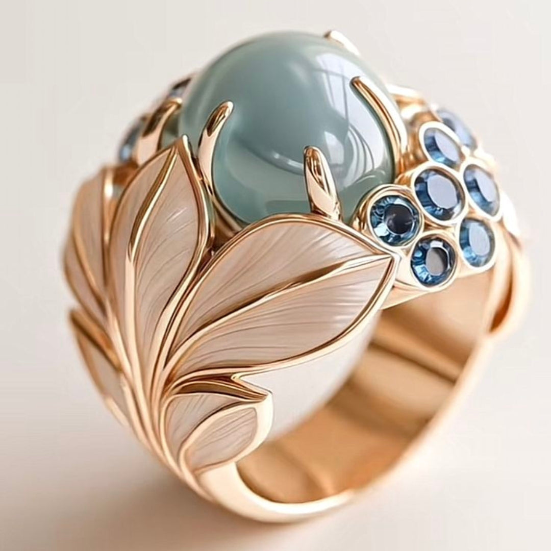 Greenish Stone Exotic Gold Leaf Ring