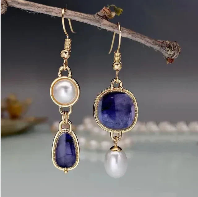 Blue Stone & Pearl Gold Earrings